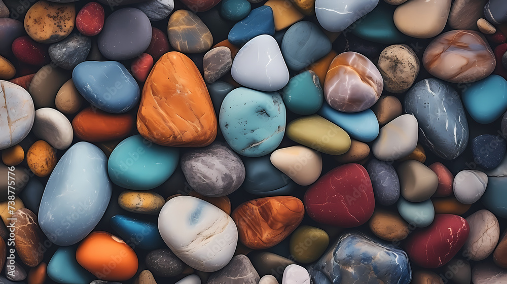 Close-up of colorful polished pebbles, close-up of stone Close-up of colorful polished pebbles, close-up of stone