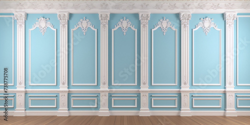Blue and white vintage room with columns, pilasters and moldings photo