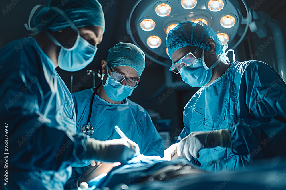 Surgeons working in operating room Plastic surgeons operating patient for breast implant. Team of doctors are in scrubs at operating room Surgeons working in operating room Plastic surgeons operating patient for breast implant. Team of doctors are in scrubs at operating room