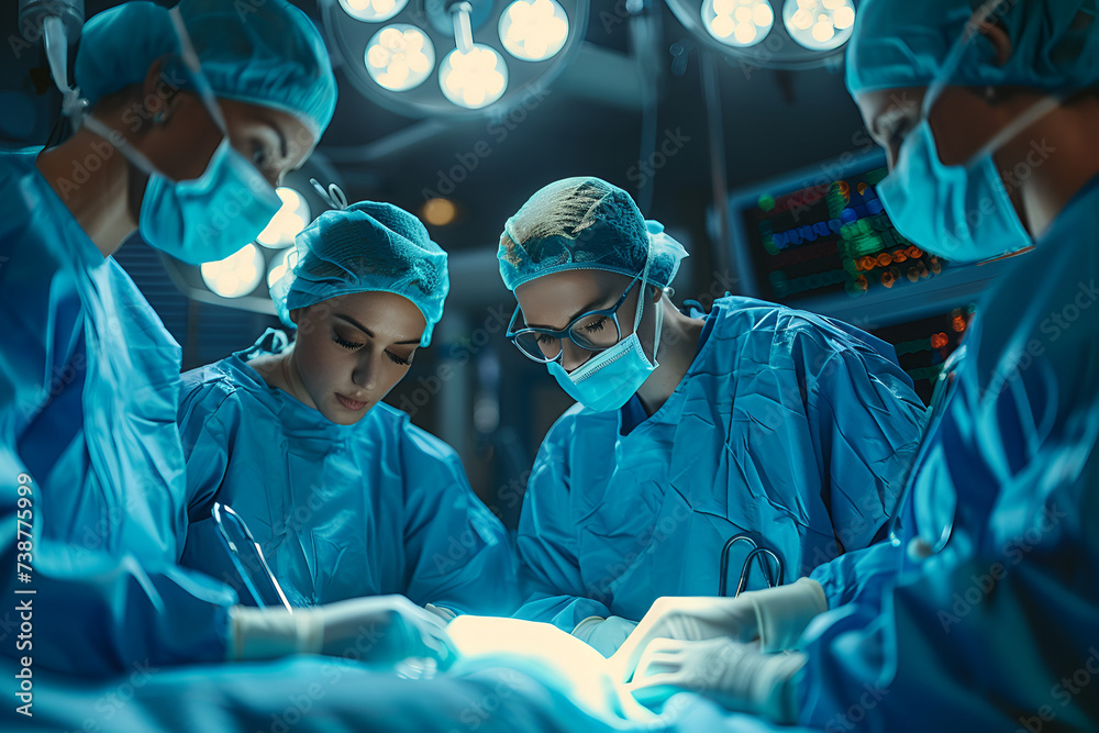 Surgeons working in operating room Plastic surgeons operating patient for breast implant. Team of doctors are in scrubs at operating room