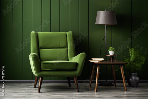 A green armchair and a brown wooden table with a lamp, books and a plant in front of a green wooden wall. © mardiaek