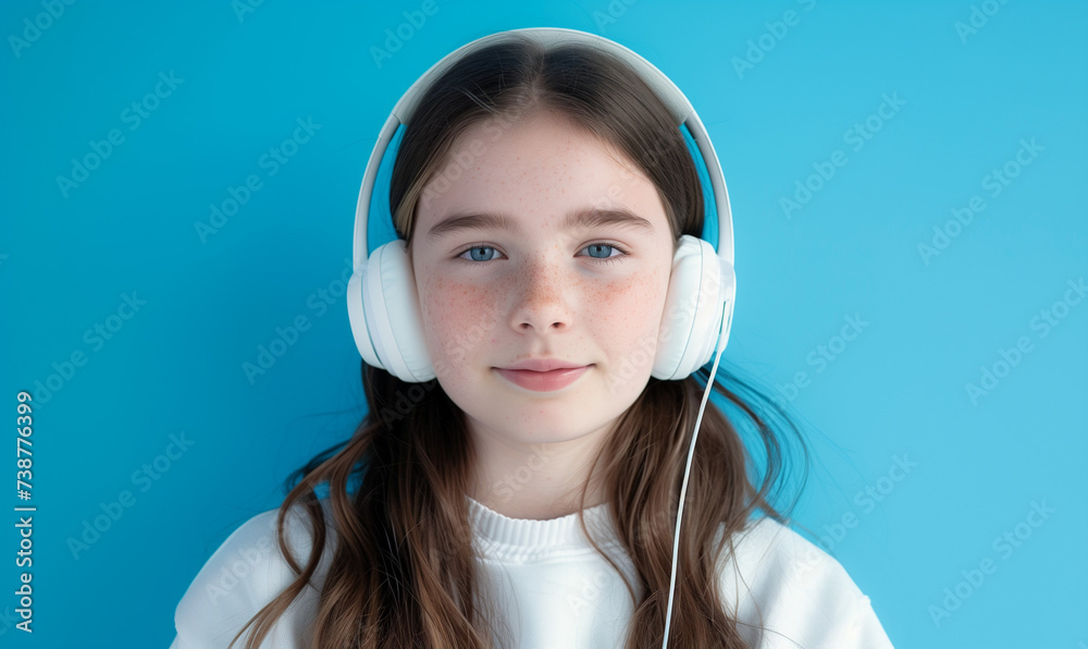 studyjne zdjęcie nastolatki w białych słuchawkach na niebieskim tle, portret i dużo tła - obrazy, fototapety, plakaty 