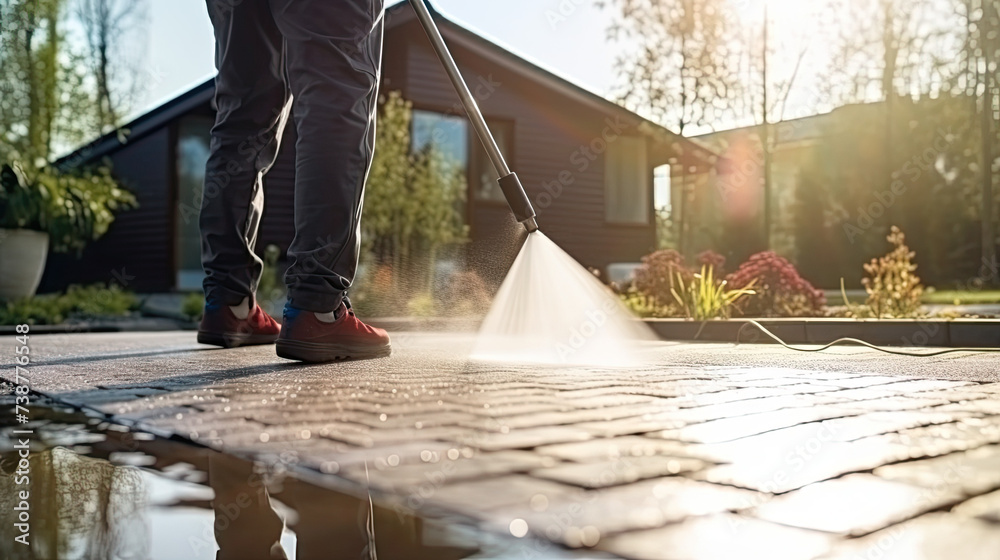 man is cleaning Driveway Using Clean Dirty Powerful man is cleaning Driveway Using Clean Dirty Powerful