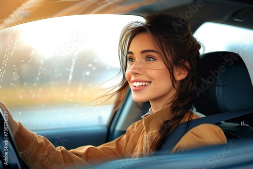 A woman's smiling face reflects in the car mirror as she sits comfortably in the driver's seat, ready to hit the road in her stylish vehicle