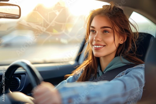 A smiling woman confidently steers her car, her human face reflected in the automotive mirror as she drives down the open road, her clothing fluttering in the wind