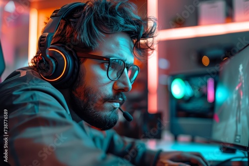 A stylish man wearing headphones and a headset, his face hidden behind glasses, listens intently to the music playing in his indoor sanctuary