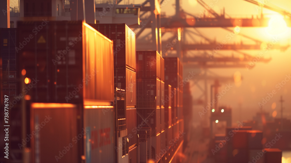 A close-up view of a container ship at sunset, with the warm glow illuminating the stacked container boxes and the busy dock workers below. - obrazy, fototapety, plakaty 