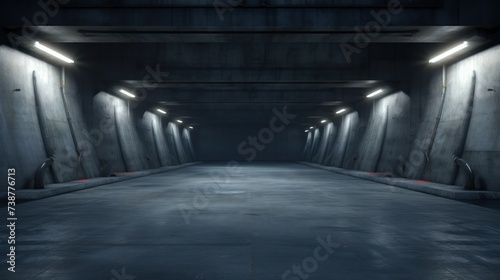 Dark concrete tunnel with LED white lights underground, corridor, cement photo