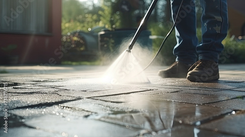 man is cleaning Driveway Using Clean Dirty Powerful 