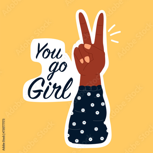 woman's hand holding up two fingers with inspirational quote, international women's day greeting card illustration