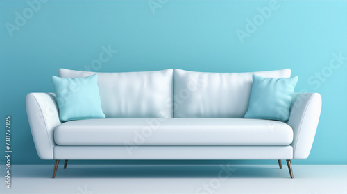 White sofa with blue pillows on blue background in 3d rendering