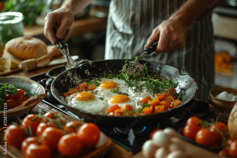 A skilled cook prepares a savory meal of vegetable wok stir-fry, using fresh produce and a variety of ingredients in a bustling indoor kitchen, while a ripe tomato simmers in the pan and eggs are cra A skilled cook prepares a savory meal of vegetable wok stir-fry, using fresh produce and a variety of ingredients in a bustling indoor kitchen, while a ripe tomato simmers in the pan and eggs are cra