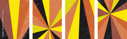 Set of grunge abstract vertical retro backgrounds with yellow, brown and black ray stripes. Groovy sunburst vintage scratched grain texture