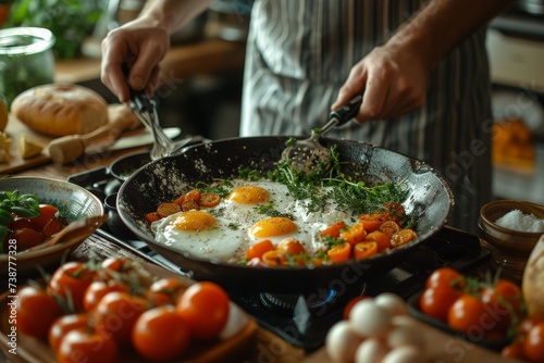 A skilled cook prepares a savory meal of vegetable wok stir-fry, using fresh produce and a variety of ingredients in a bustling indoor kitchen, while a ripe tomato simmers in the pan and eggs are cra photo