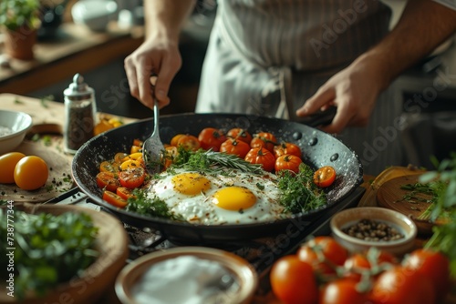 A woman skillfully prepares a delicious lunch of sautéed vegetables and eggs in a pan, using fresh ingredients and elegant tableware to create a mouthwatering meal bursting with flavor and nourishmen