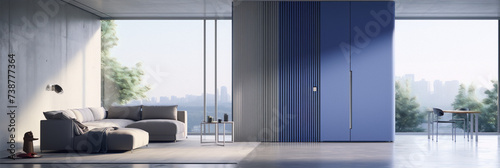 Blue and gray living room with large windows and city view photo