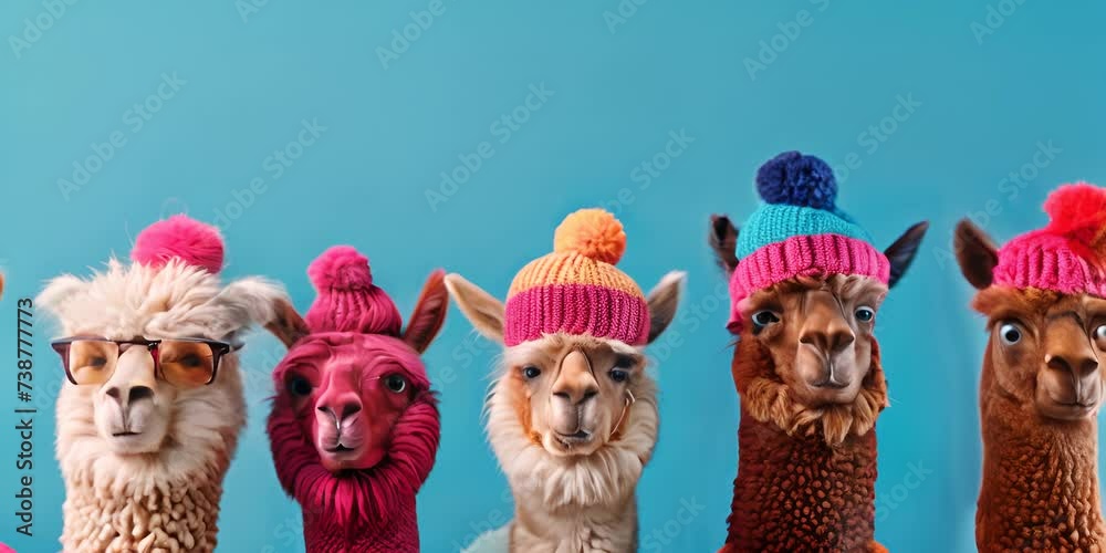 Llamas with hats of different colors. The concept of diversity and individuality.