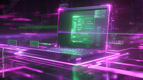 laptop emitting vibrant neon green and purple lights, surrounded by floating holographic interfaces and futuristic data streams.