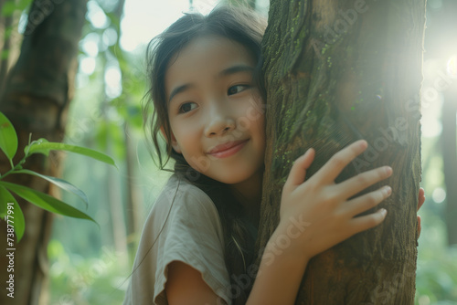 Thai girl hugging a tree with smile on her face, ecosystem and healthy environment concept, earth day, save the world.