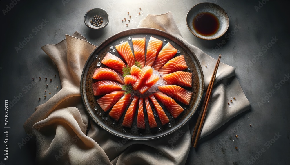 Vue aérienne de sashimi de saumon arrangé en cercle, avec accessoires - obrazy, fototapety, plakaty 
