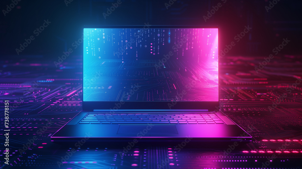 © CtrlN - laptop emitting vibrant neon green and purple lights, surrounded by floating holographic interfaces and futuristic data streams.