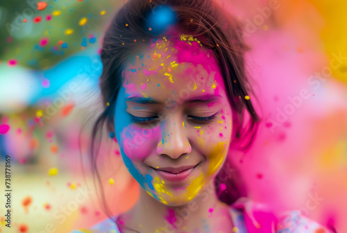 portrait of young beautiful girl playing holi and smiling celebrating festival of colors