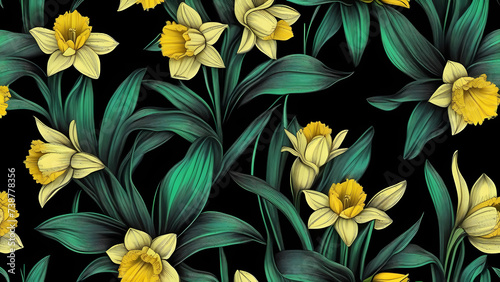 Seamless pattern with yellow daffodils. illustration.