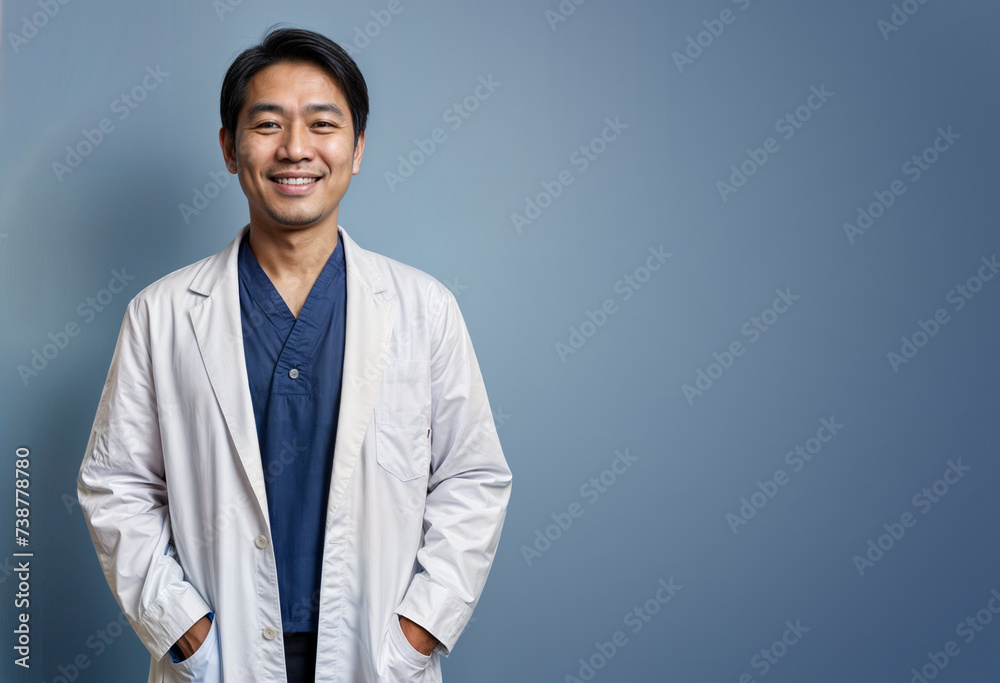 Smiling asian man physician in a white coat on blue background. Smiling asian man physician in a white coat on blue background.