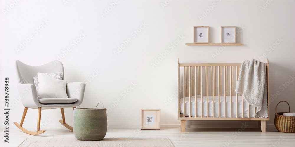 Minimalist Scandi nursery with wooden crib, prints, rocking chair and storage baskets - obrazy, fototapety, plakaty 