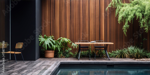 Minimalist patio with wood wall and potted plants