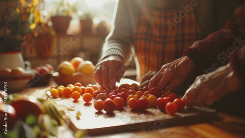 An elderly couple preparing a fruit salad together in a sunny kitchen, focusing on their hands and the fruit, symbolizing shared commitment to health and nutrition