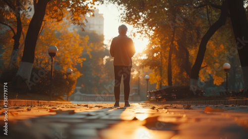 An elderly jogger pausing to stretch in a city park, with the early morning light casting a warm glow