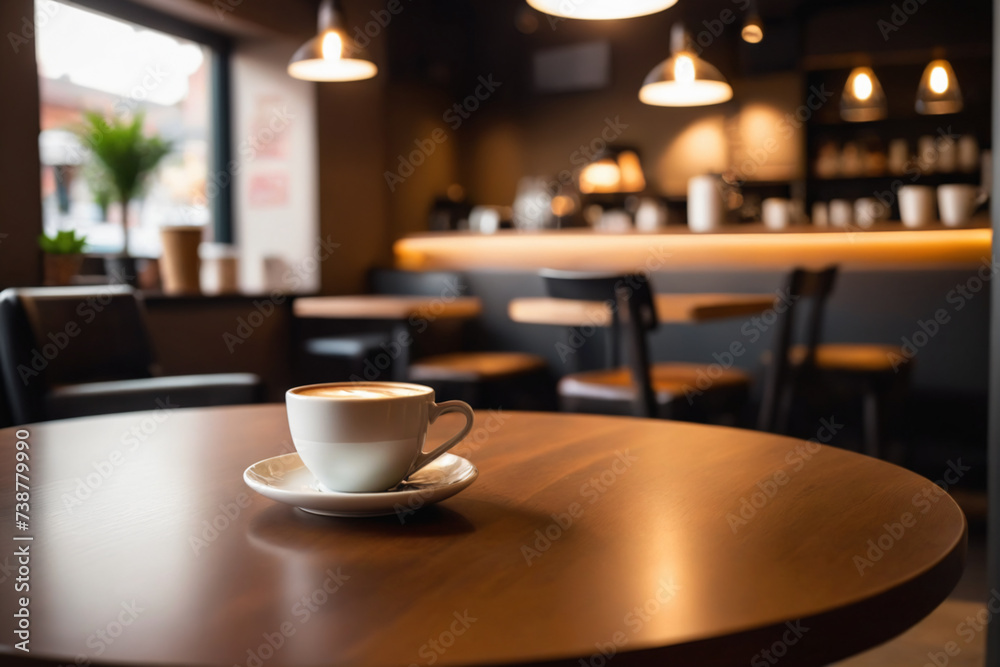 Coffee table in the background of a blurred coffee shop with copy space