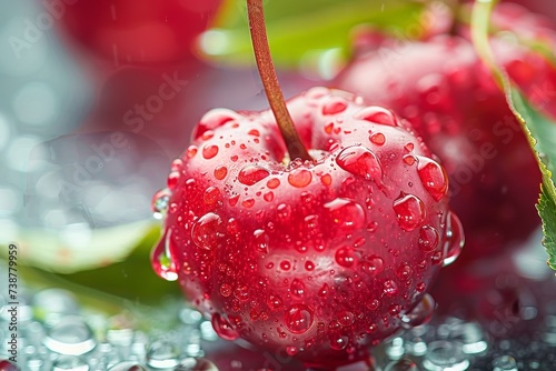 Vibrant and juicy, a ripe cherry glistens with the essence of summer, beckoning to be plucked from its leafy perch and savored as a refreshing accessory fruit photo