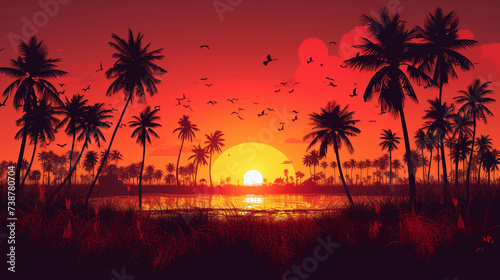 A Vibrant Sunset With Palm Trees and Birds Flying in the Sky