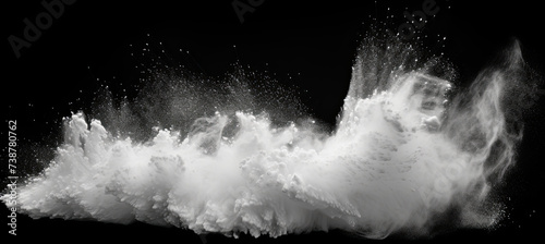 White powder explosion isolated on black background. White dust particles splash.Color Holi Festival. 