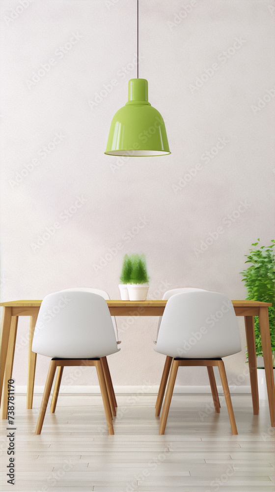 White minimalist dinning room with green lamp and plants - obrazy, fototapety, plakaty 