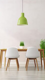 White minimalist dinning room with green lamp and plants