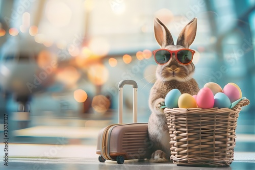 Easter bunny wearing sunglasses with suitcase next to an airplane, easter bunny traveling with suitcase. Easter holidays, generative ai