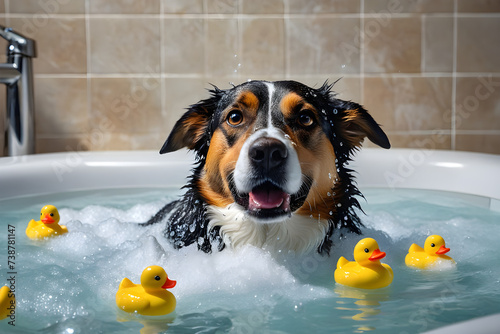 A dog taking a bath. Generative AI