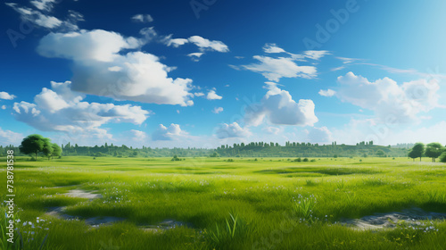 Nice view green a nice day, clouds clear sky background, Illustration