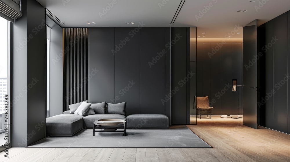 Modern living room interior with black walls, wooden floor, gray sofa and armchair - obrazy, fototapety, plakaty 