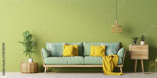 Stylish living room interior with green walls, wooden furniture and yellow accents