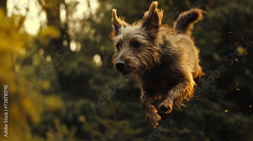 Yorkshire Terrier jumping in the air in the forest at sunset © Олег Фадеев