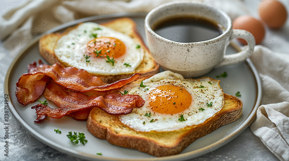 Two buttered grilled toasts with eggs and crispy bacon in a plate, with a cup of coffee. Generative AI Two buttered grilled toasts with eggs and crispy bacon in a plate, with a cup of coffee. Generative AI