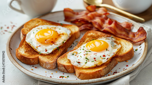 Two buttered grilled toasts with eggs and crispy bacon in a plate, with a cup of coffee. Generative AI