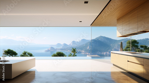 Modern house interior with amazing sea view  large windows and minimalist design