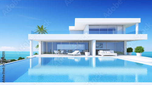 Modern minimal white villa with pool and amazing sea view © mardiaek
