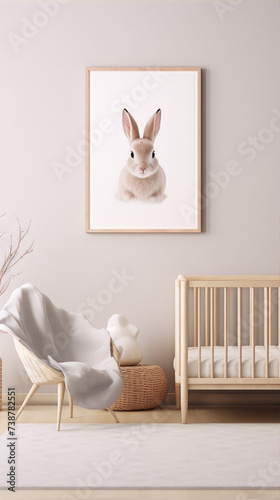 Cute bunny nursery art print in a wooden frame with a white background.