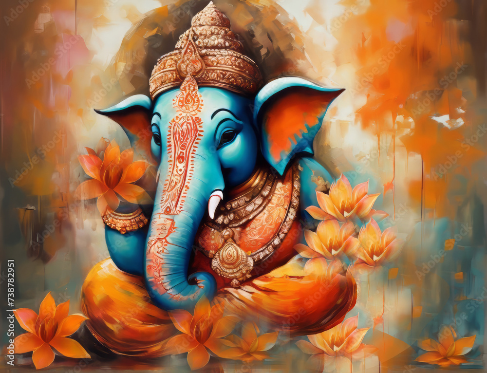 Illustration of Lord Ganesha, the son of God Shiva and Goddess Parvati. The Hindu God Ganesha is the remover of obstacles .He is the first God to be worshipped in all Hindu rites and rituals. - obrazy, fototapety, plakaty 
